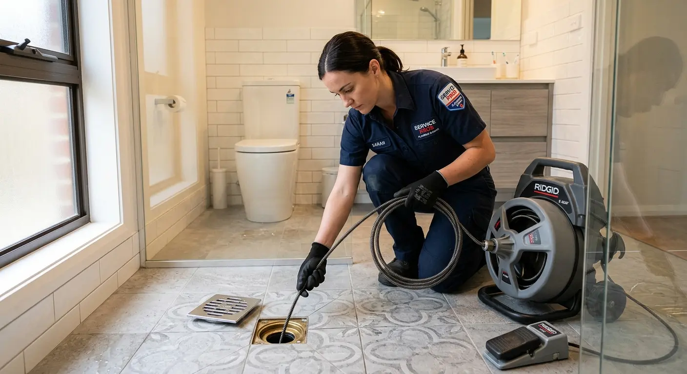 Technician clearing a bathroom floor drain for Drain Cleaning in Camp Verde